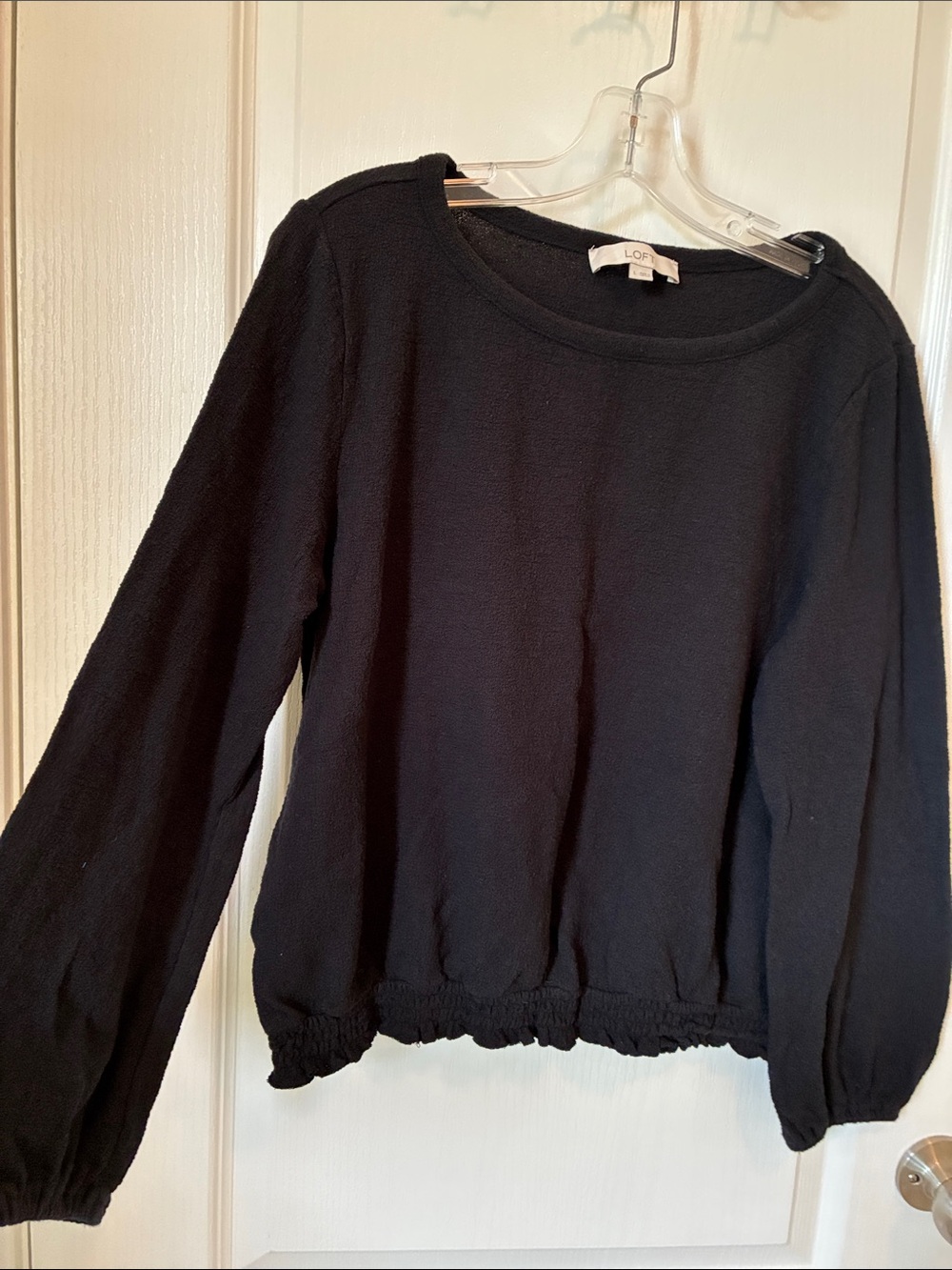 LOFT Black Smocked-Hem Crewneck Pullover Sweatshirt